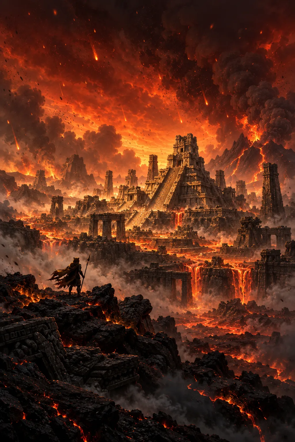 A temple city in ash and lava under a sky raining embers