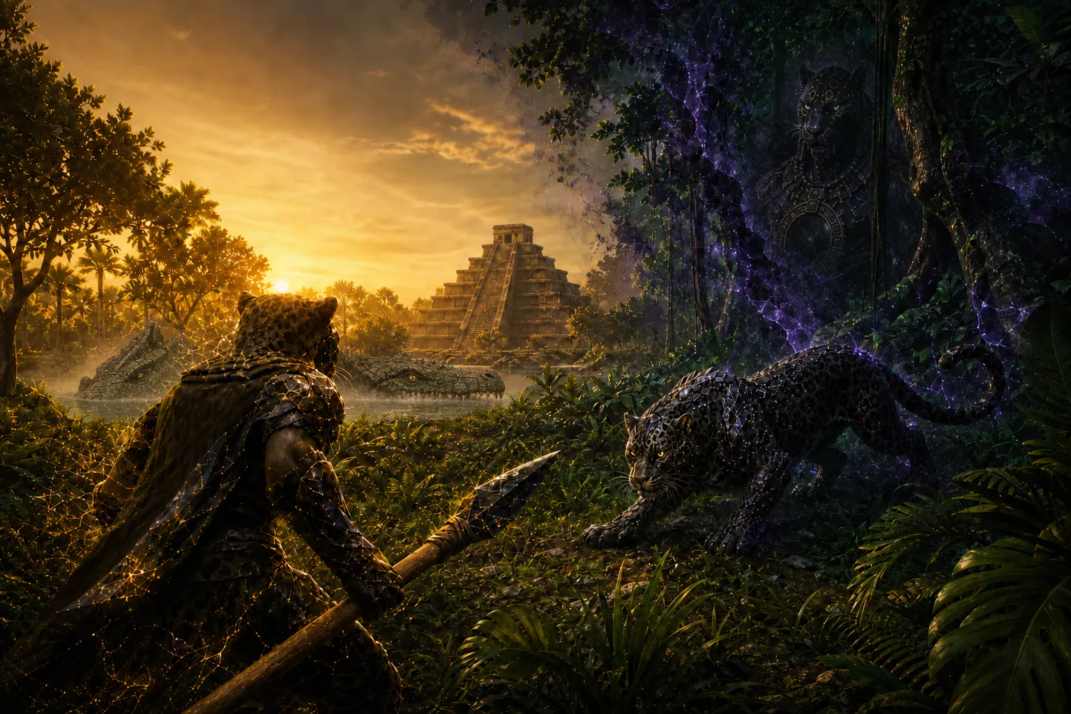 A jaguar warrior with an obsidian spear faces Tezcatlipoca's shadow jaguar at sunset, the Grand Temple and Cipactli in the water behind