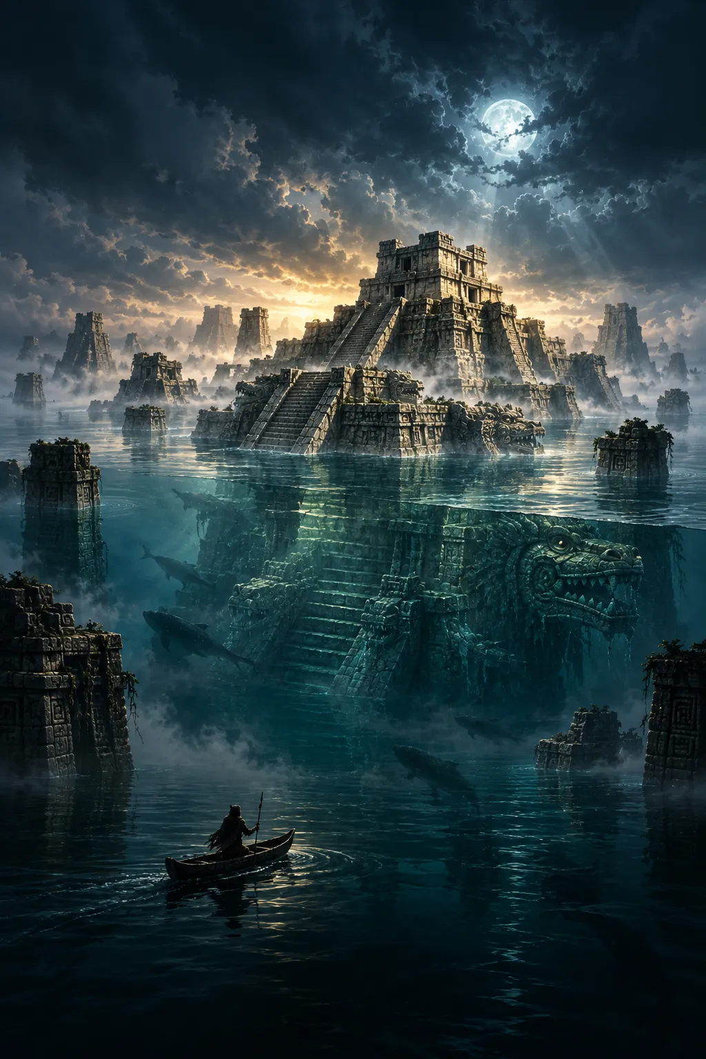 A temple drowned to its upper terraces, a lone canoe on the water