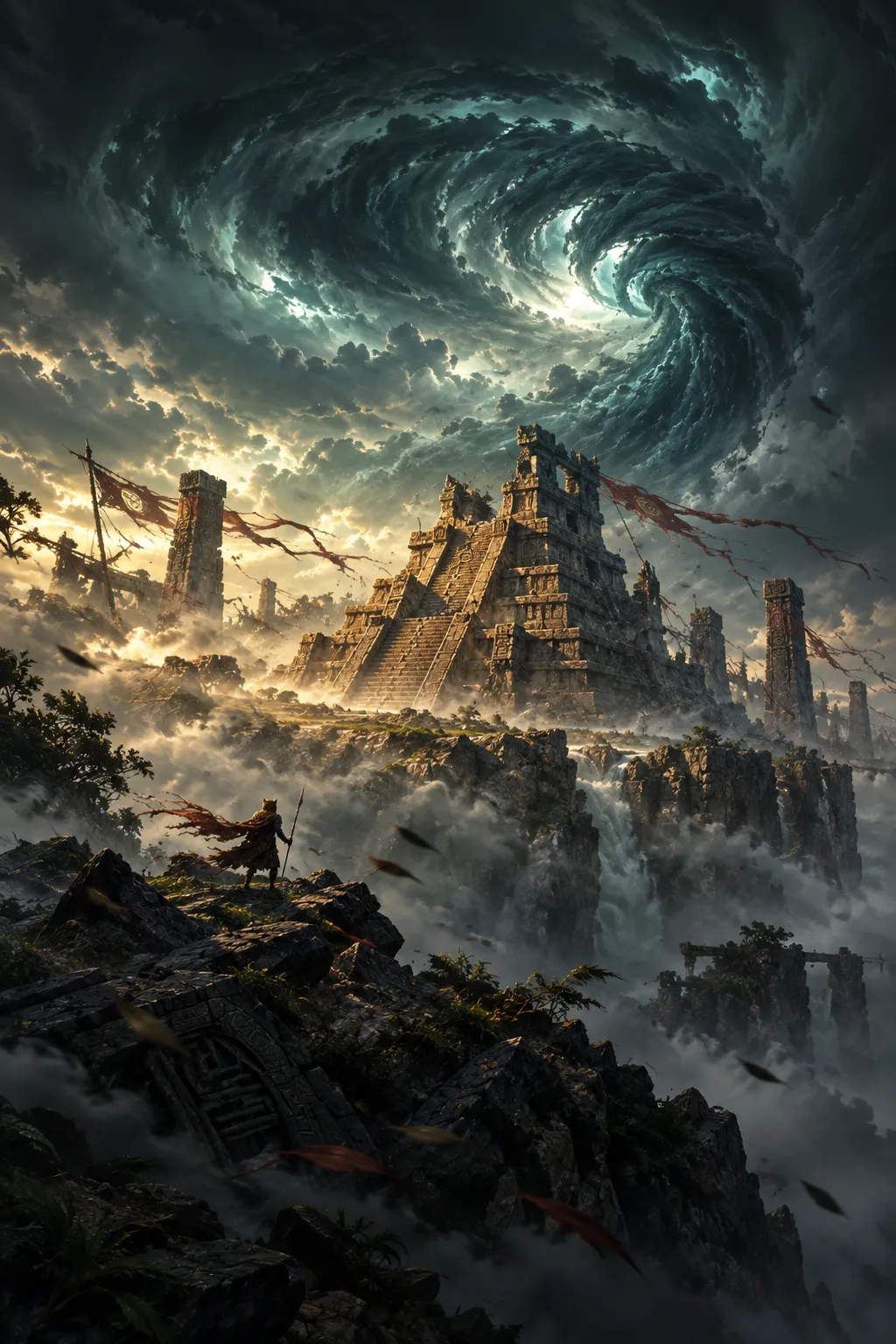 A ruined temple on a plateau beneath a vast storm spiral
